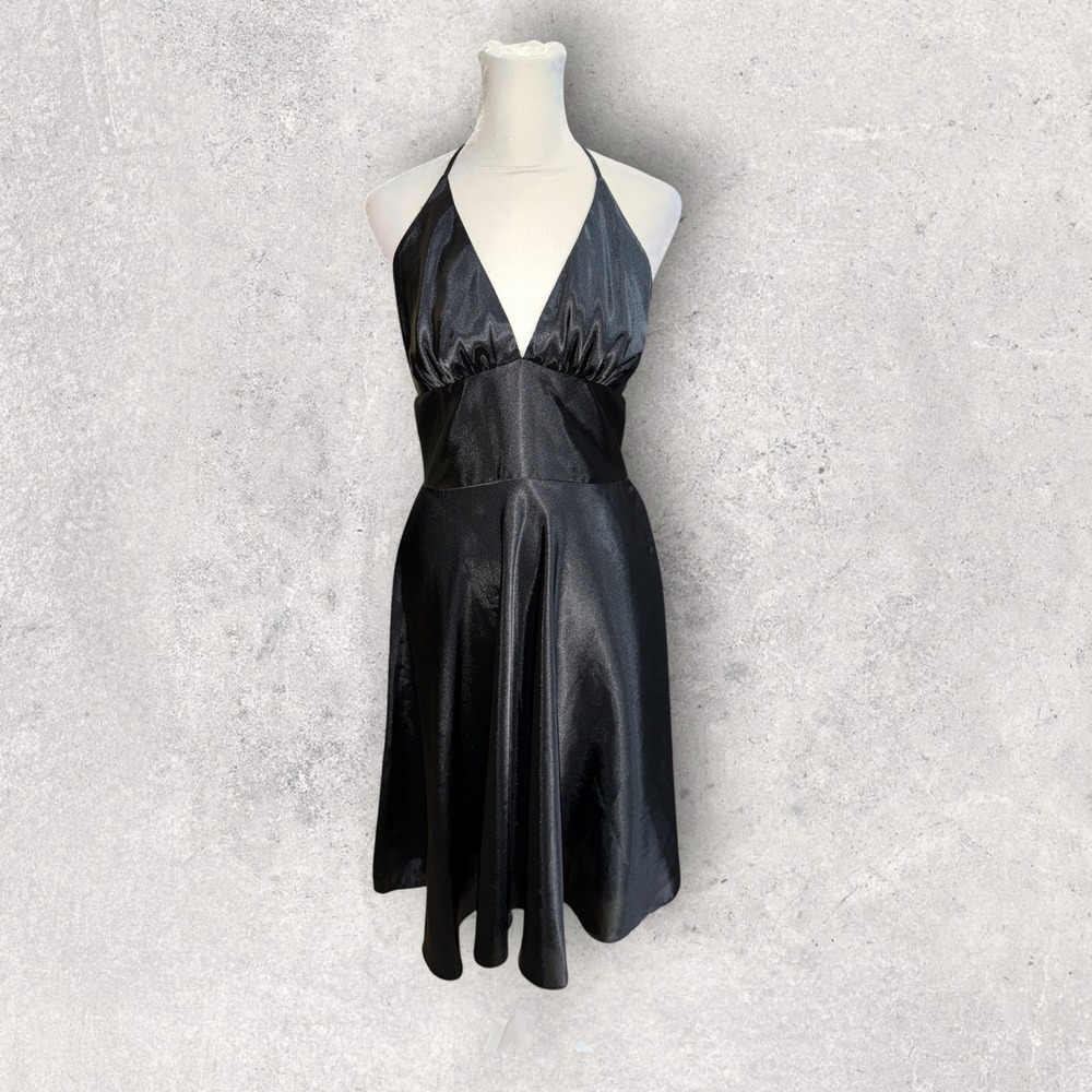 Vintage Alyn Paige New York Black Satin Halter Dress V-Neck A-Line Formal 5/6
